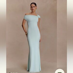 NWT Meshki Off-Shoulder Light Blue Kinsley Maxi Dress with Gold Hardware Size S